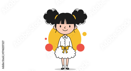 A cute little cartoon girl with two bouncy pigtails is standing in the center of the image.