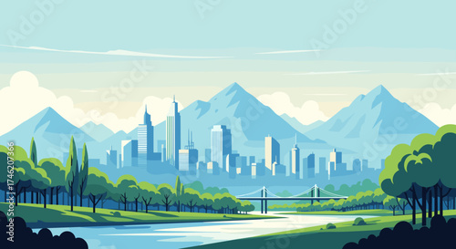 A panoramic view of a modern city skyline nestled beside majestic mountains and a tranquil river.