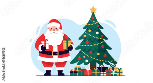 A jolly santa claus holding presents next to a decorated christmas tree with gifts underneath.