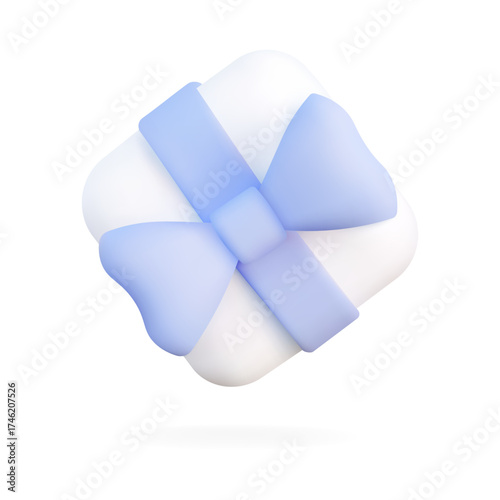3D white gift box with blue ribbon tilted left, floating shadow modern minimal holiday present isolated on white