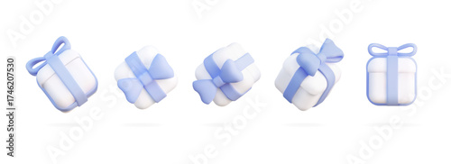 3D white gift box with blue ribbon tilted left, floating shadow - modern minimal holiday present isolated on white