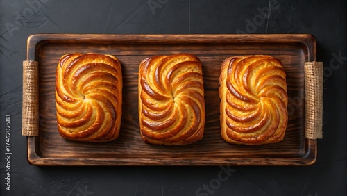 Three golden brown baked pastries with swirl patterns on a wooden tray