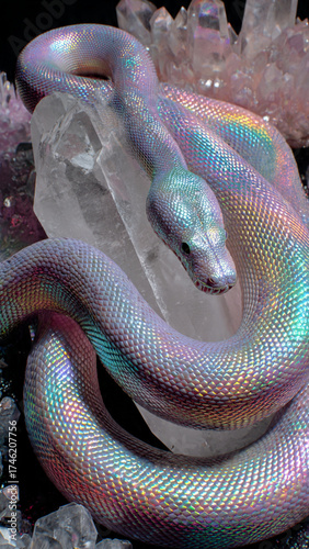 A shimmering snake with pearlescent scales rests on moss under mystical blue-pink light. The surreal hue mix gives it a magical, otherworldly presence.