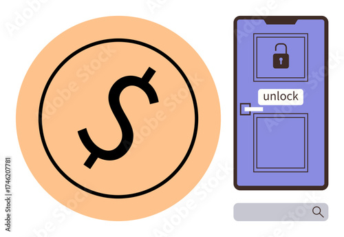 Dollar sign enclosed in a circle next to a locked purple door marked unlock. Ideal for finance, security, progress, solutions, opportunities, metaphorical access, and success in finance. Simple flat