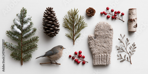 Wallpaper Mural Flat lay of natural winter forest items isolated on white background: fir branch, snow-dusted pine cone, small bird figurine, knit mitten, red berries, white snowflake, piece of tree bark.,

 Torontodigital.ca