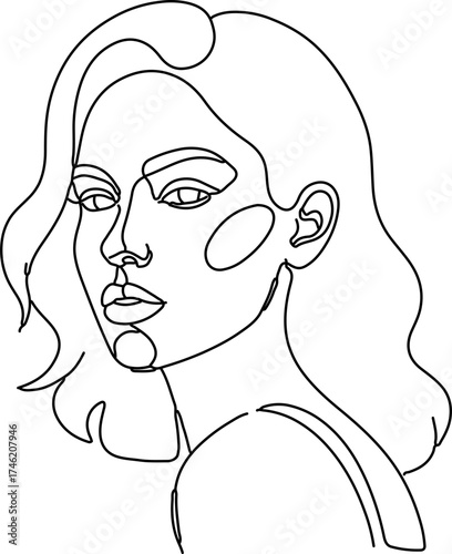 A minimalist one-line drawing of a woman with wavy hair