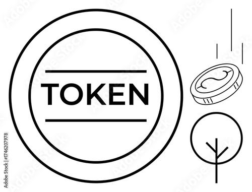 Circular digital token with text TOKEN, coin drop indicating transaction, and abstract tree. Ideal for cryptocurrency, blockchain, investment, eco-finance, digital assets, technology sustainable