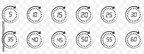 Set of circular countdown timer icons from 5 to 60 minutes. Timer, clock, stopwatch and cooking time icon set. 5, 10, 15, 20, 25, 30, 35, 40, 45, 50, 55, 60 minutes. Isolated vector illustration