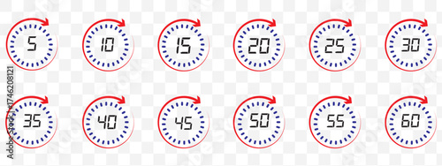 Set of circular countdown timer icons from 5 to 60 minutes. Timer, clock, stopwatch and cooking time icon set. 5, 10, 15, 20, 25, 30, 35, 40, 45, 50, 55, 60 minutes. Isolated vector illustration