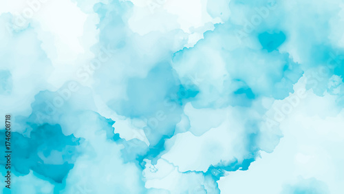 Ethereal Abstract Blue and Cyan Watercolor Wash Background with Subtle Indigo Marbling and Flowing. Fluid texture with smooth gradients and cloud.
