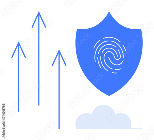 Blue shield with fingerprint, upward arrows signifying progress, and cloud element. Ideal for cybersecurity, data protection, growth, technology, innovation, cloud computing simple flat metaphor