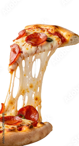 Delicious pepperoni pizza slice with stretchy melted cheese being lifted against a white background, a perfect Italian food