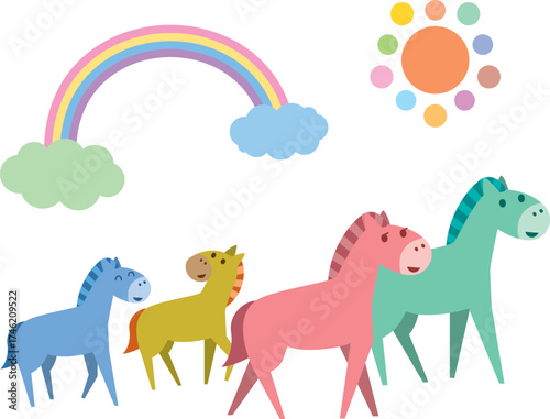 虹を見ているかわいい馬の親子のイラスト素材