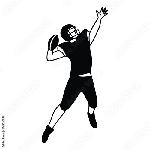 Black and White Silhouette of American Football Player Throwing Ball Isolated on White Background