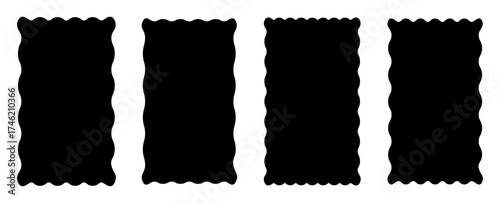 Set of black wavy rectangular frame borders with smooth curved edges. Modern abstract shapes for design templates, posters, backgrounds, labels, or graphic elements.