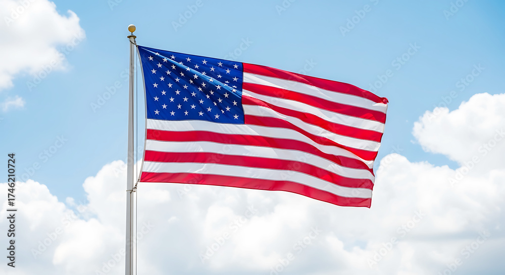 Obraz premium The Flag of the United States of America Waving Against a Cloudy Blue Sky
