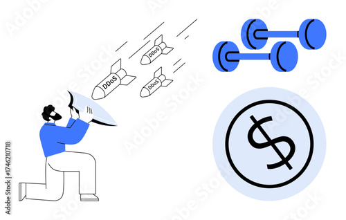 Man deflecting labeled cyberattacks, dumbbells symbolizing resilience, and a dollar sign showing financial focus. Ideal for cyber defense, training, finance, technology, resilience, risk management