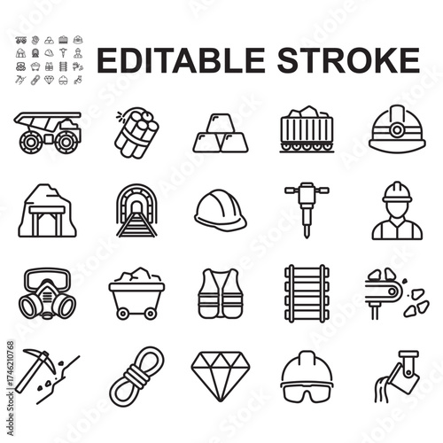 Mining icon collection. Line style vector illustrations.
