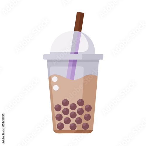 A cup of bubble tea with straw and boba pearls inside