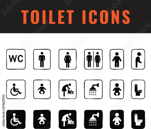Public restroom icon set. Male, female, unisex, accessible, baby change & shower symbols. WC, no smoking & handicap pictograms. Vector