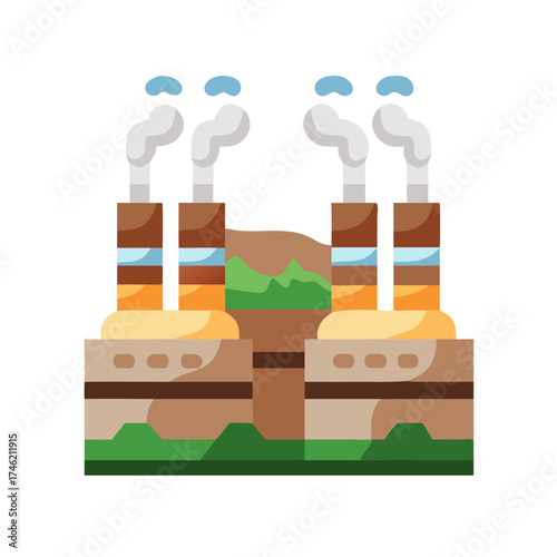 Flat Vector Illustration of a Geothermal Power Plant with Steam
