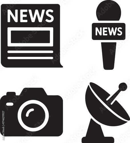 Media News icon, journalism symbol, newspaper microphone camera icon, black solid silhouette vector for press, reporter, broadcast, communication, blog, headline, TV, media, journalism, article
