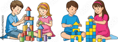 Children playing with colorful building blocks, teamwork activity, STEM learning, preschool education, creative play, indoor classroom, early childhood development, fun