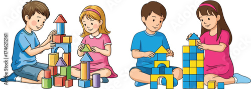 Children playing with colorful building blocks, teamwork activity, STEM learning, preschool education, creative play, indoor classroom, early childhood development, fun