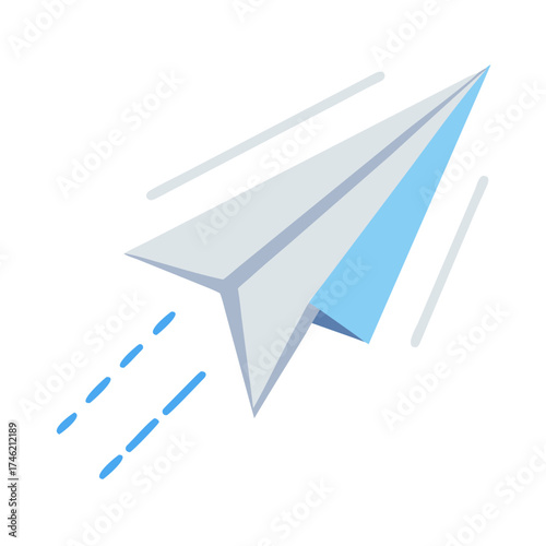 Paper airplane flying with trail against a black background