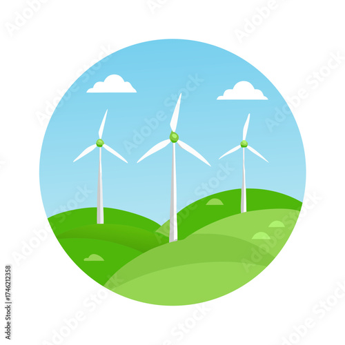Three Wind Turbines on a Green Hill with Blue Sky