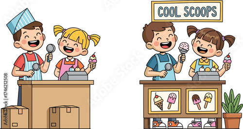 Children running ice cream stands, teamwork, entrepreneurship, DIY play, summer activity, pretend business, learning through play, kids selling ice cream cones