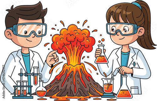 Children, science, experiment, volcano, eruption, STEM, classroom, teamwork, chemistry, lab, goggles, learning, students, reaction, education, DIY, kids, lava, beaker, flask