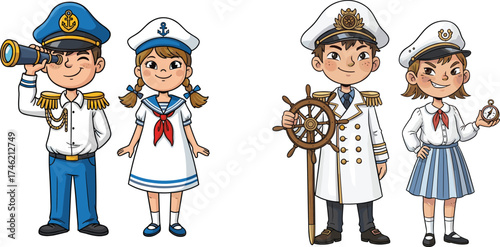 Cartoon sailor characters, nautical costume kids, ship crew illustration, captain and navigator, maritime theme, vector art, playful sea adventure