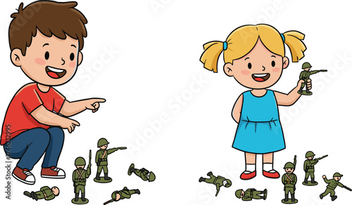 Children playing with toy soldiers, imaginative battle scene, teamwork, childhood fun, pretend war, boy and girl interaction, outdoor activity, creative play