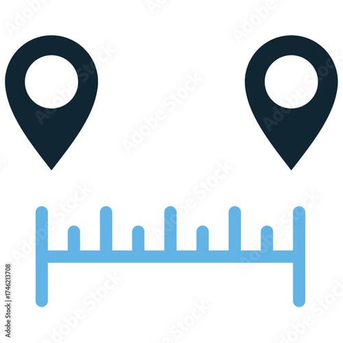 Location distance icon vector. Ideal for measurement, travel planning, and geographical analysis themes. This graphic symbolizes the span or route length between two points for mapping interfaces.