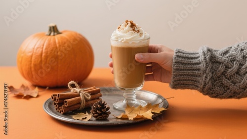 Cozy autumn scene with pumpkin spice latte and fall decorations