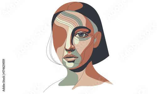 Abstract Modern Woman Portrait Illustration with Contour Lines and Colour Blocks