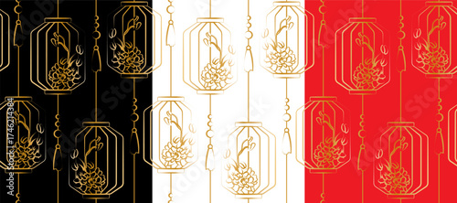 set seamless patterns golden oriental lanterns and blooming flowers black white red background luxury asian new year decoration design festive wallpaper