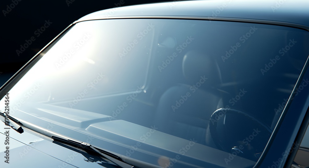 Fototapeta premium Classic car windshield view with interior details and steering wheel