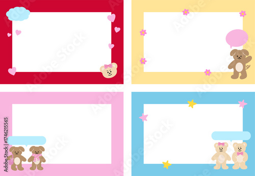 Cute rectangle frame set with puppy, teddy bear, flowers, hearts for animal print, decoration, polaroid photo, ad template, social media post, poster, book cover design, notepad, sticky note, memo