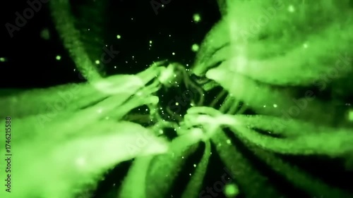 Green Abstract Swirls and Particles in a Dark Space