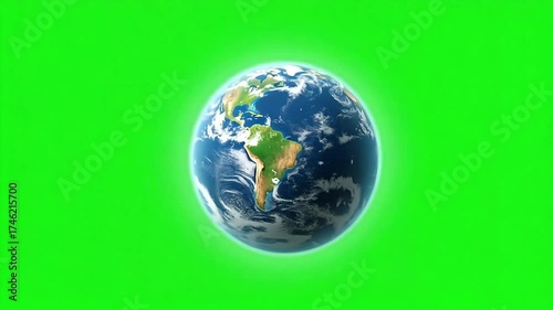 Glowing Earth globe on a vibrant green screen background, representing global connection and digital space.