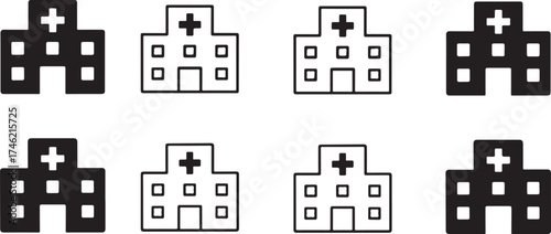 Hospital icon set, medical building symbol, emergency healthcare icon, black solid and line style, minimal vector for medicine, clinic, treatment, first aid, patient, care, hospital, doctor, nurse