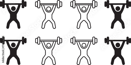 Fitness icon set, gym workout symbol, training exercise icon, black solid and line style, minimal stroke vector for bodybuilding, sports, muscle, wellness, healthy lifestyle, health, strength, gym