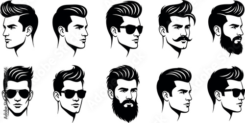 Male grooming styles, beard and hairstyle illustration, side profile vector, modern haircut, facial hair design, black and white, barbershop reference, trendy look