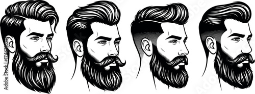 Male grooming styles, beard and hairstyle illustration, side profile, barbershop reference, facial hair design, black and white, trendy haircut, vector art, masculine look