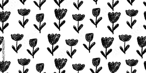 Playful seamless vector pattern in childish draw style tulip or bell flower stems flourish with simple strokes. Looks like chalk or wax drawn on a board, textured with charcoal detail.