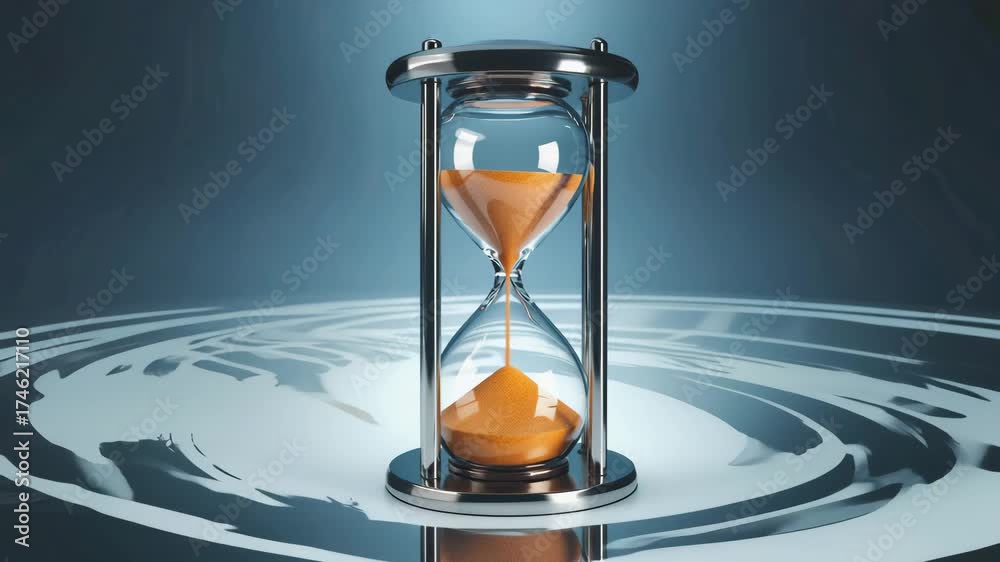 Hourglass sand timer flowing orange sand metallic frame glass bulbs reflecting light abstract