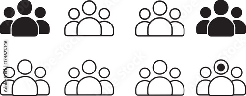 Society icon set, community people symbol, social unity icon, black solid and line style, minimal stroke vector for teamwork, diversity, network, communication, organization, connection, culture