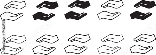 Hands icon set, helping gesture symbol, support care icon, black solid and line style, minimal vector for teamwork, charity, trust, aid, unity, volunteer, donation, hope, friendship, community